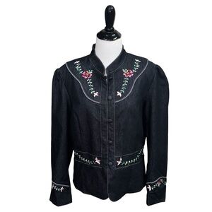 Haggar Women's Size 16 Chambray Trachten Jacket Floral Embroidery Pleated Sleeve